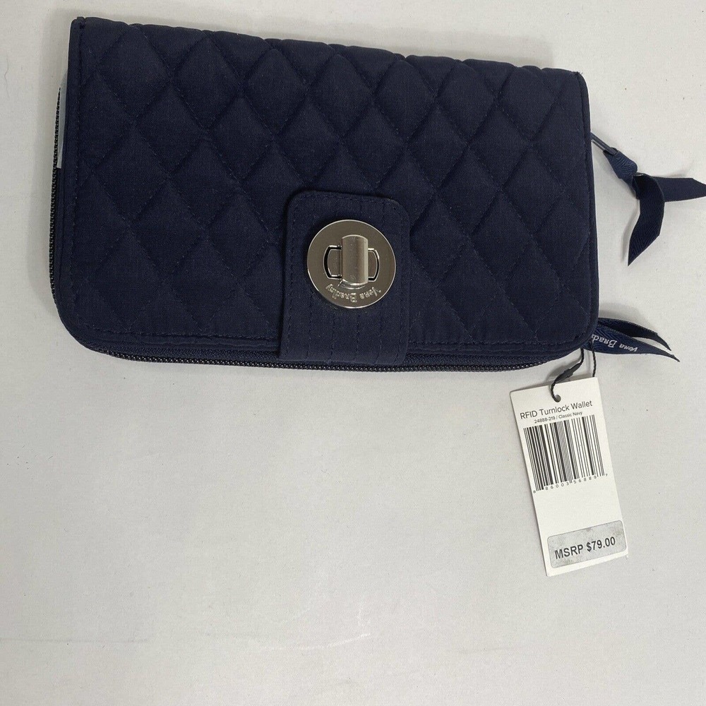 Vera Bradley RFID Turnlock Zip Wallet Microfiber NWT Classic Navy MSRP $79.00